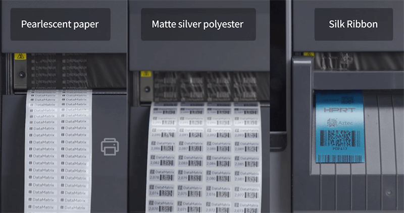 Close up of a label printer printing various labels