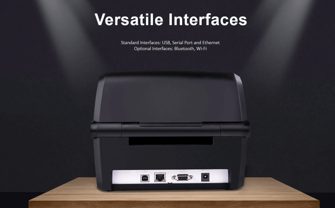 Back view of a pisač barkoda showing multiple interface ports like USB, Serial, and Ethernet.