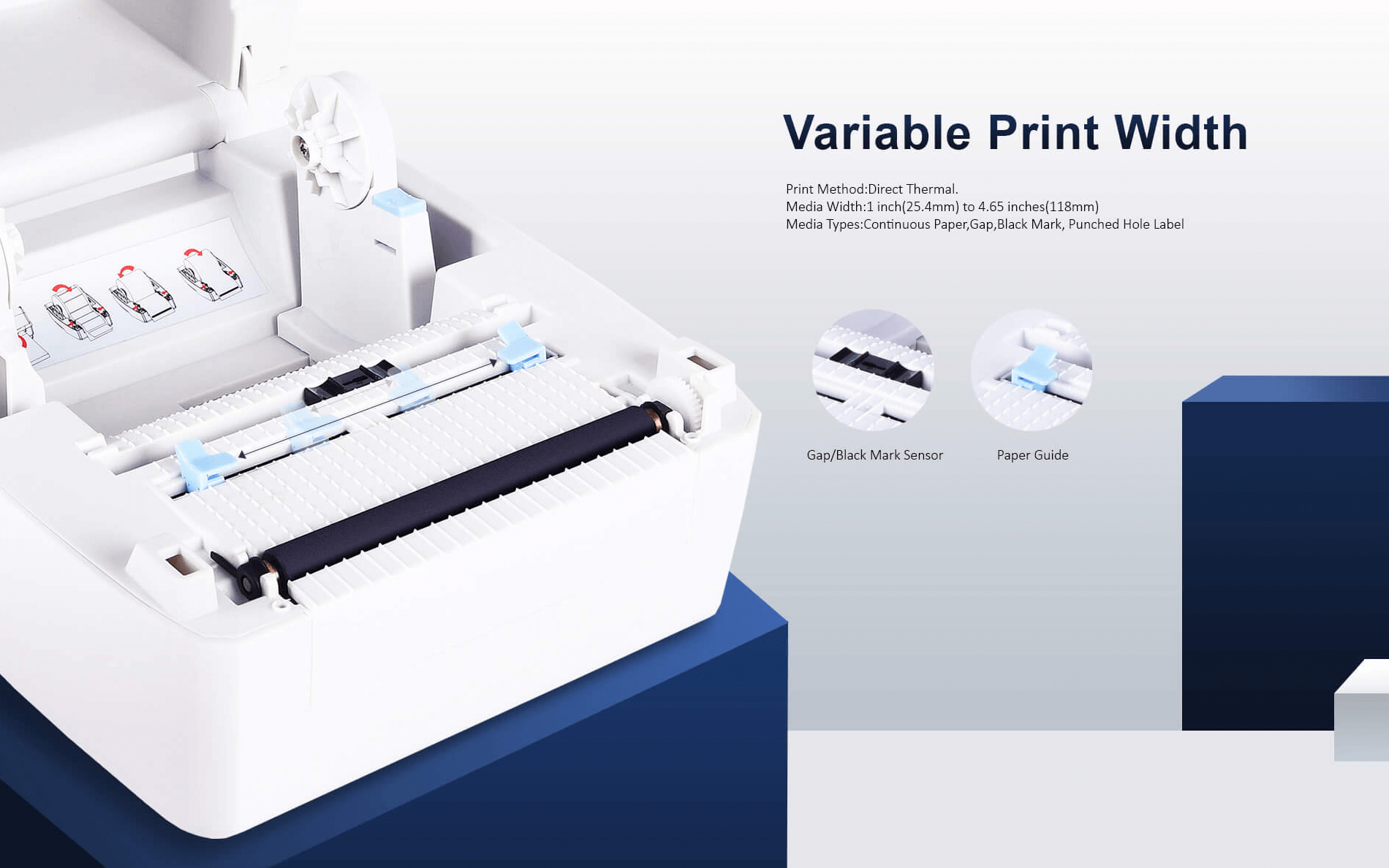 An open pisač barkoda showing its internal components like the paper guide and sensor.